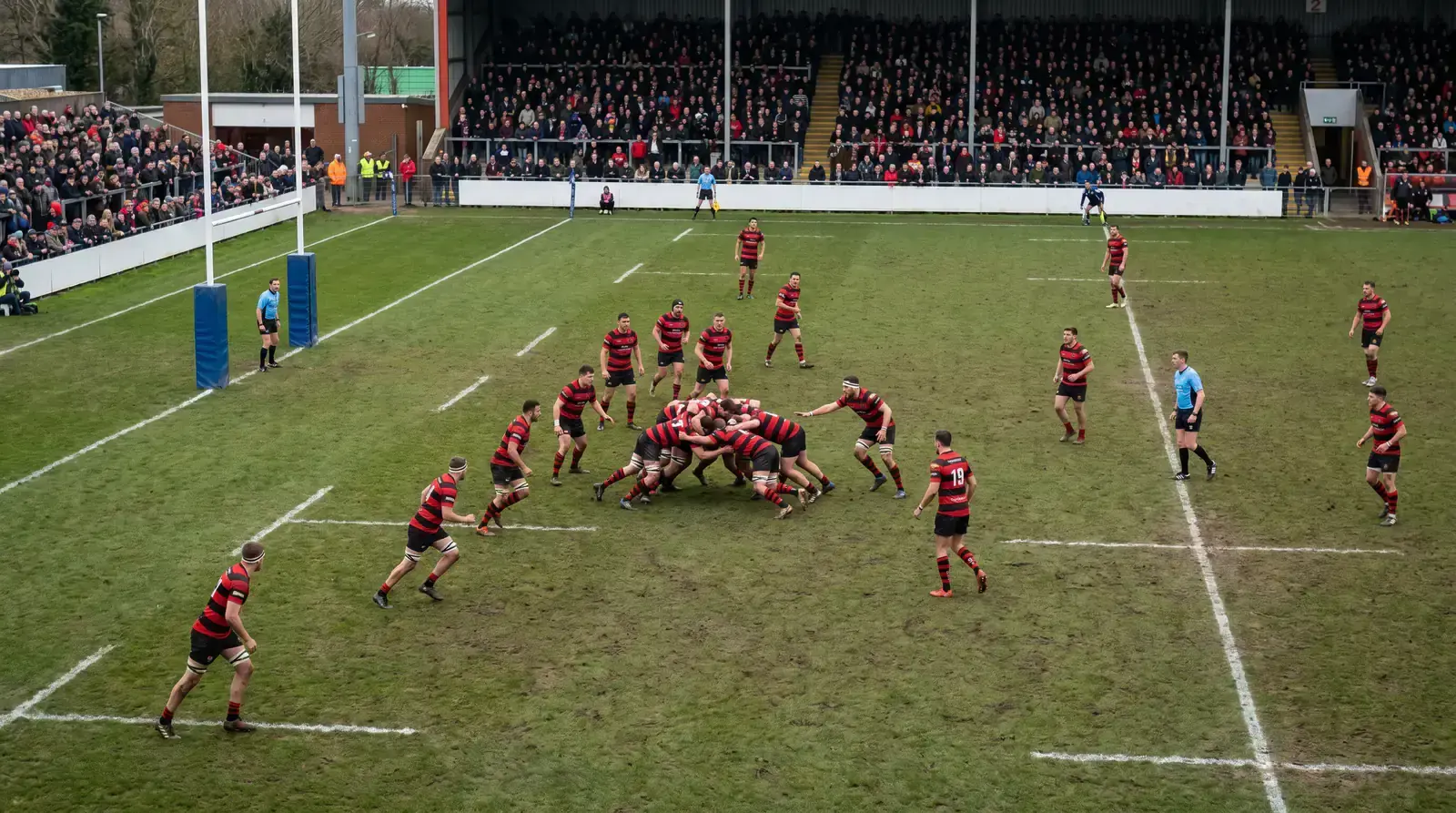 Rugby union match action with a clear favourite dominating territory