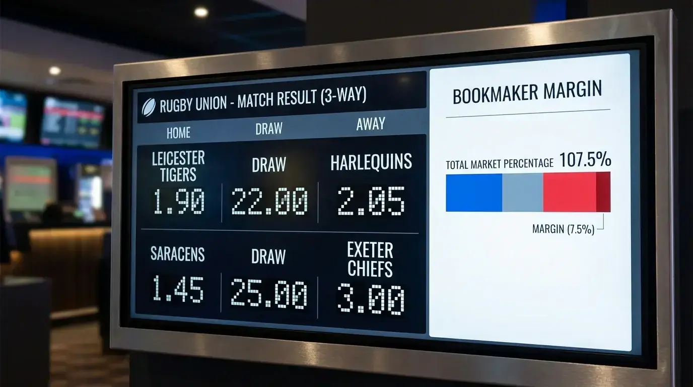 Rugby three-way market with margin built into the favourite and underdog prices