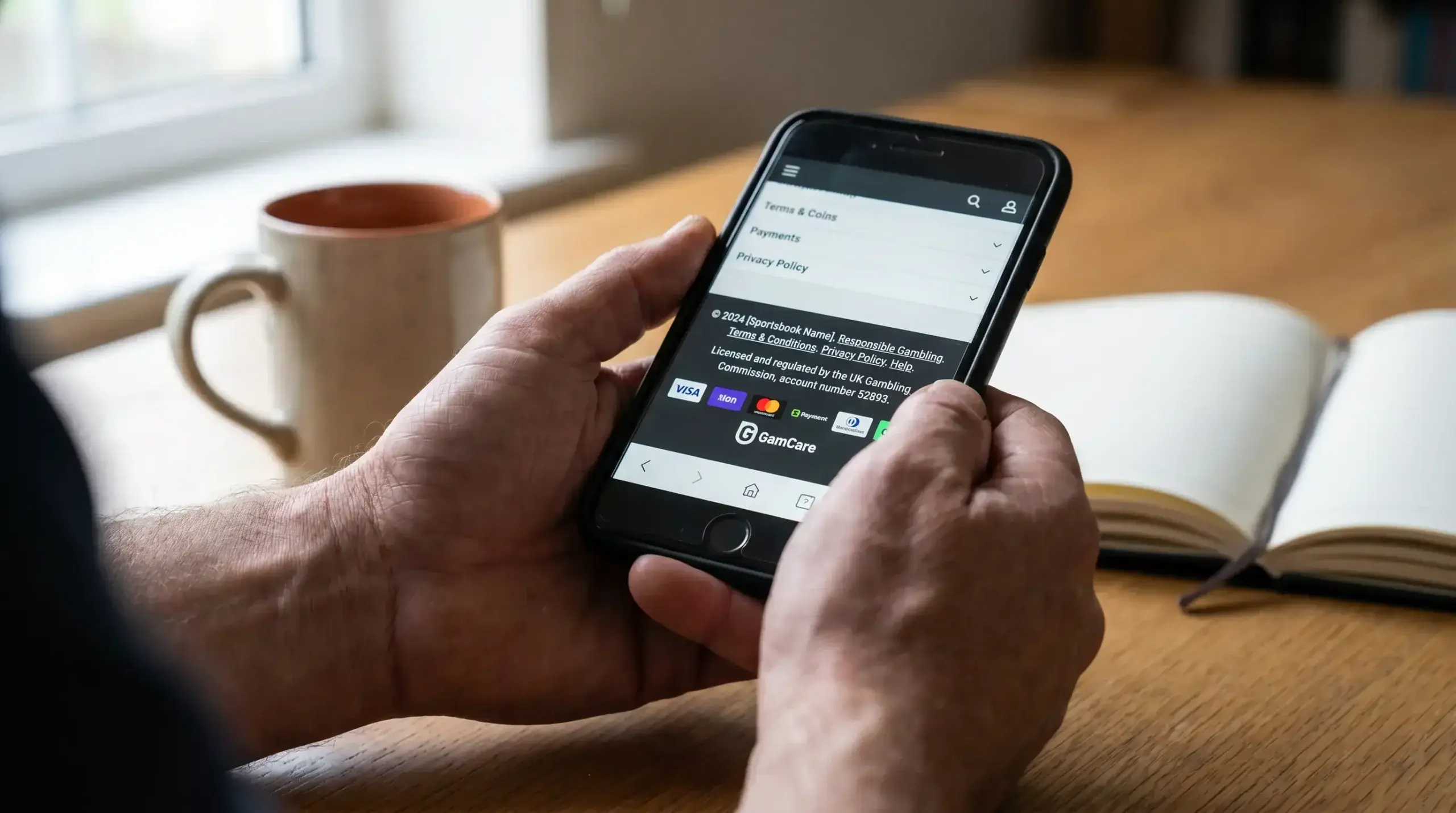 Punter checking a UK Gambling Commission licence number in a sportsbook footer