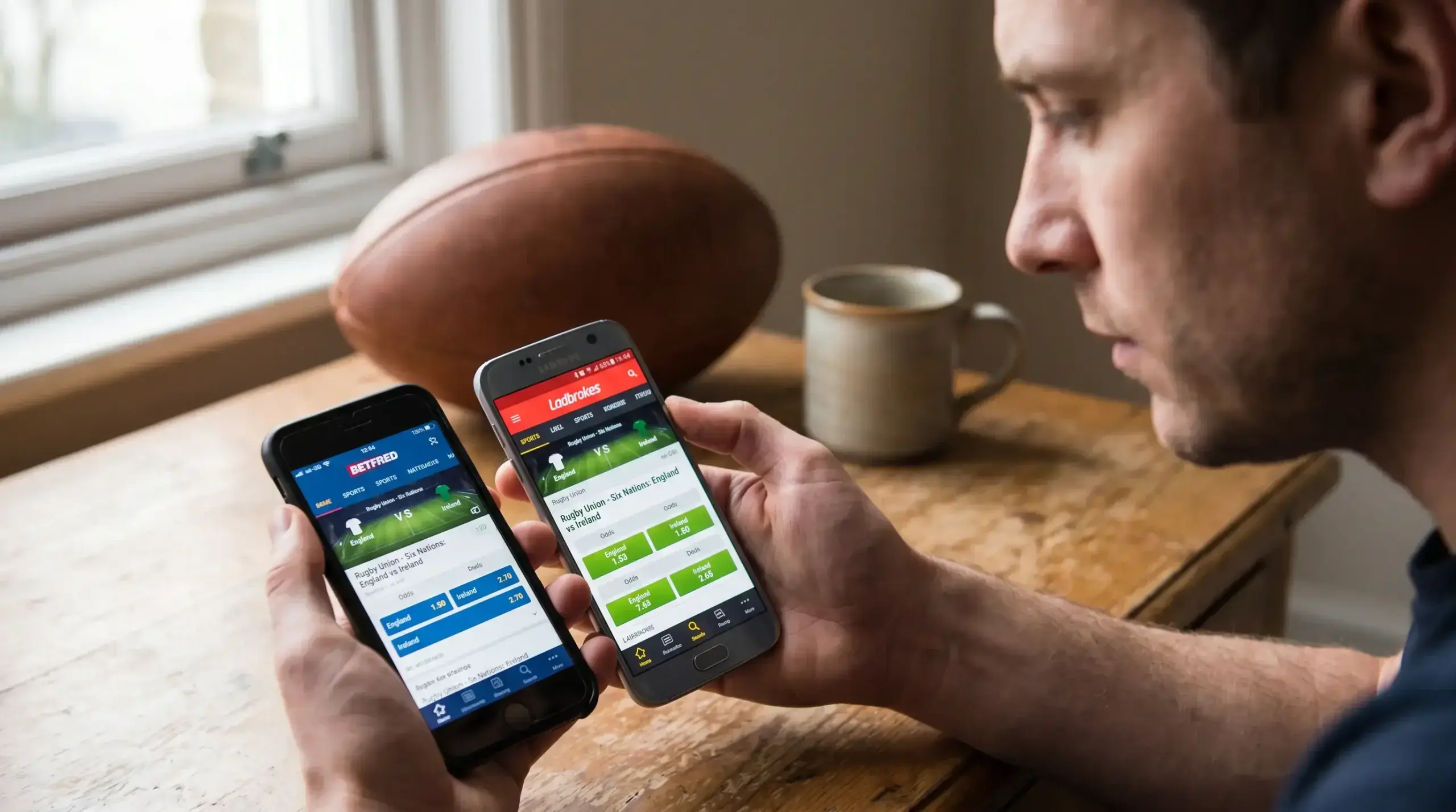 Punter comparing the same rugby match price across two UK sportsbook accounts