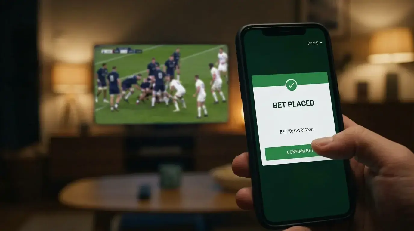 Bettor confirming a first rugby handicap bet and receiving a bet ID on a smartphone