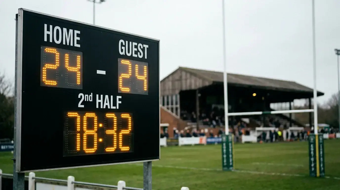 Scoreboard showing level scores in a rare rugby draw