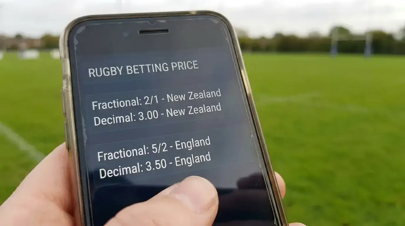 A close-up of a betting display showing the same rugby price in fractional and decimal formats