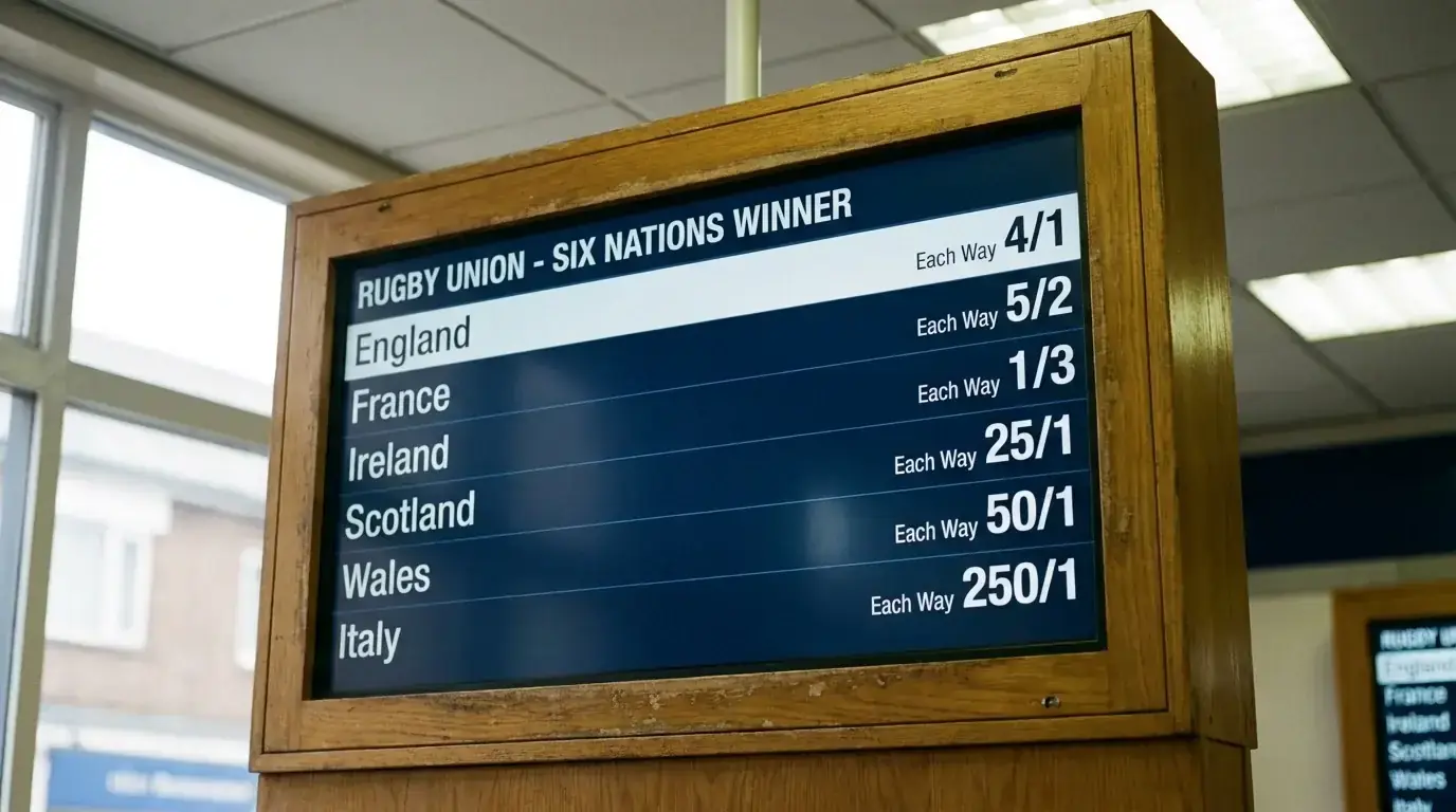 Rugby match odds shown in fractional format such as 4/1 and 1/3 on a price board
