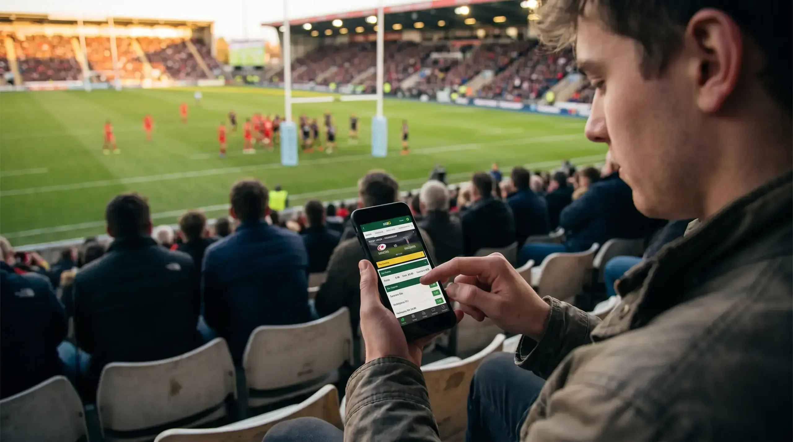 UK punter placing a first rugby bet on a smartphone with a stadium match behind