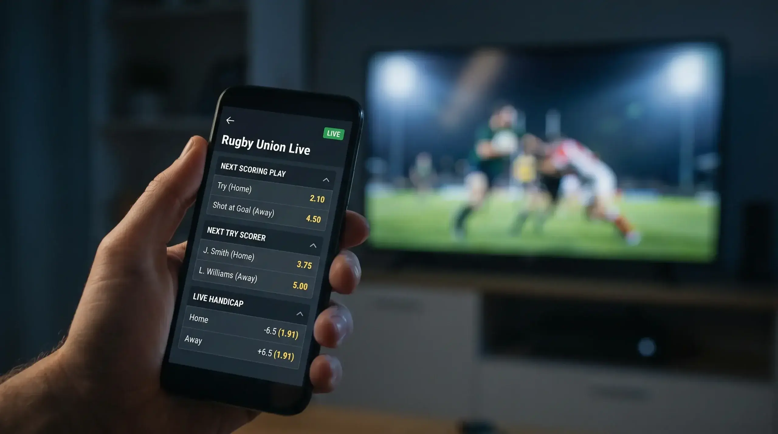 In-play rugby market screen offering next-scoring-play and live handicap options
