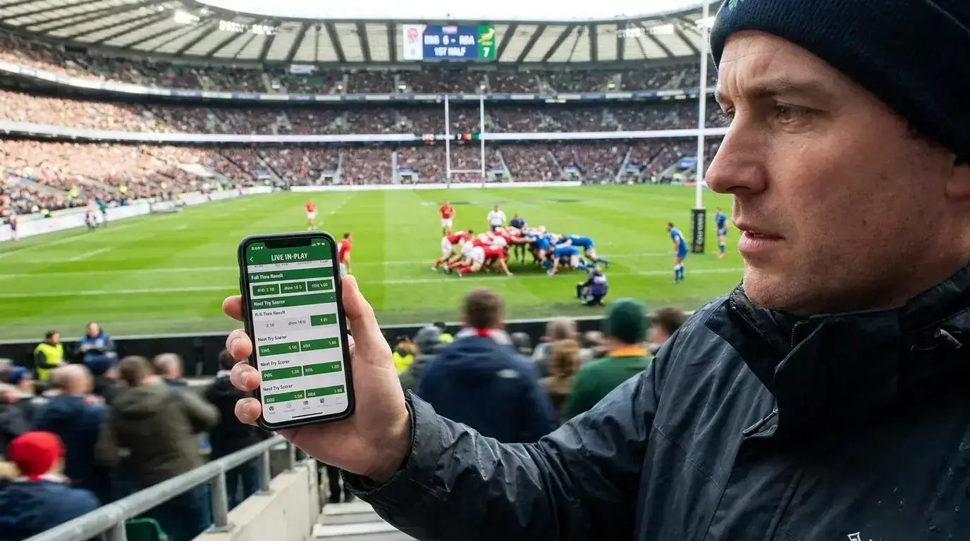 A spectator placing an in-play rugby bet on a phone while watching the match live