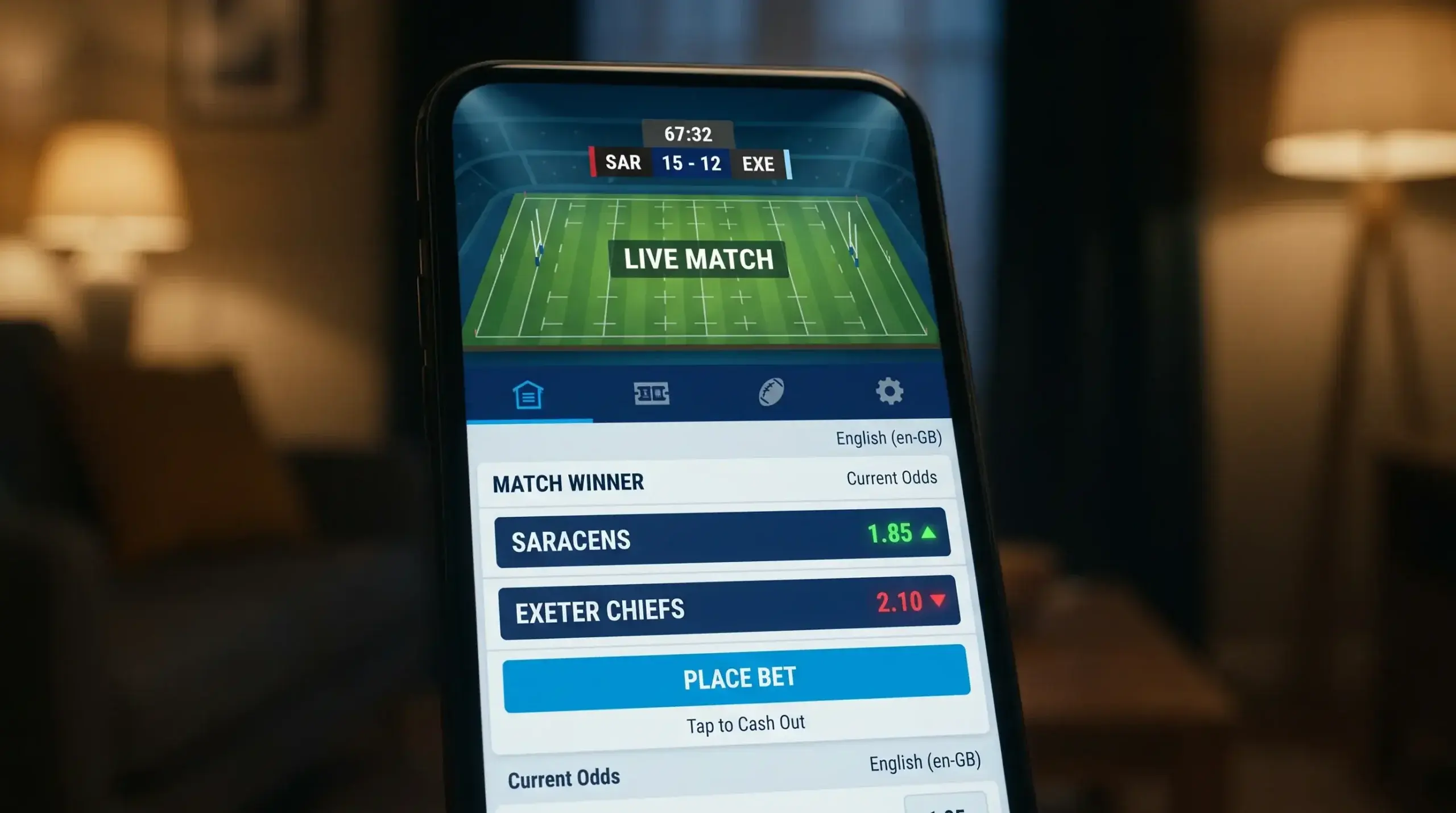 In-play rugby odds shifting on screen as the live match score changes