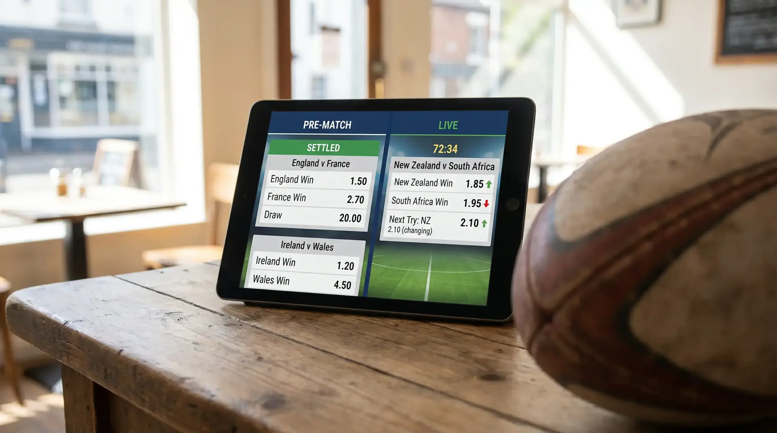 Pre-match and live rugby betting screens side by side on a tablet