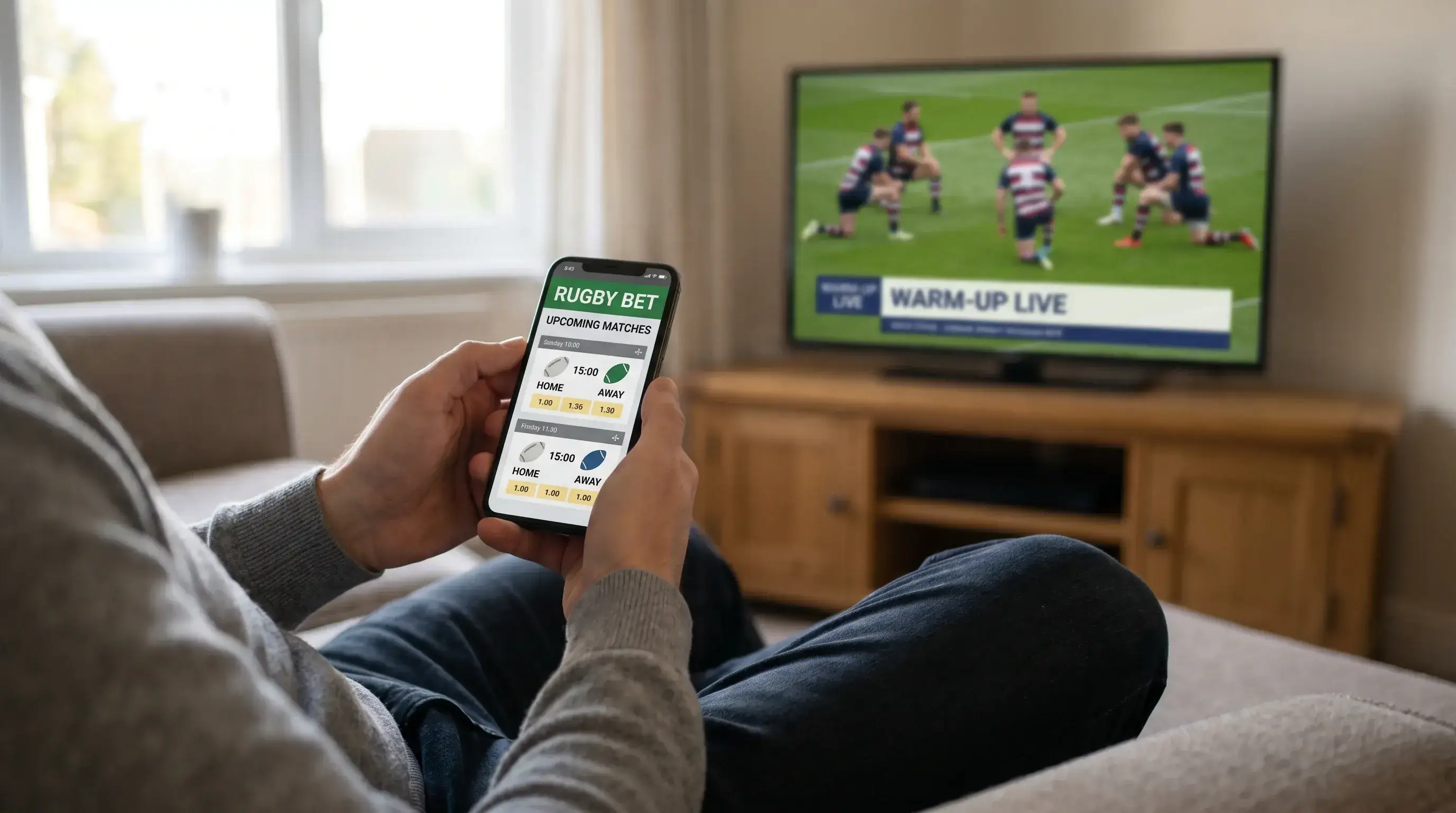 A person holding a smartphone showing a rugby betting app in the minutes before kick-off