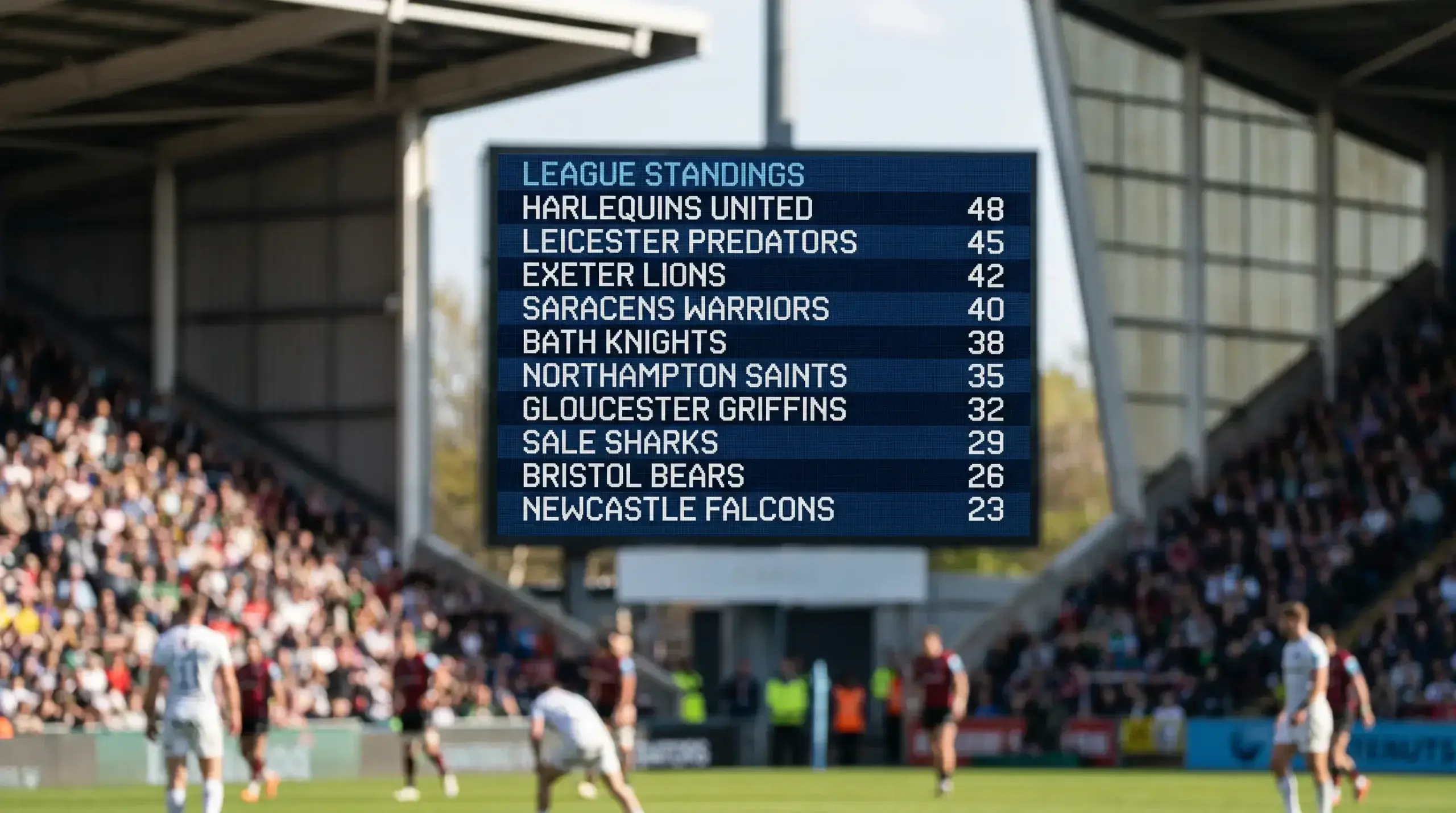 English Premiership rugby union standings shown on a stadium screen