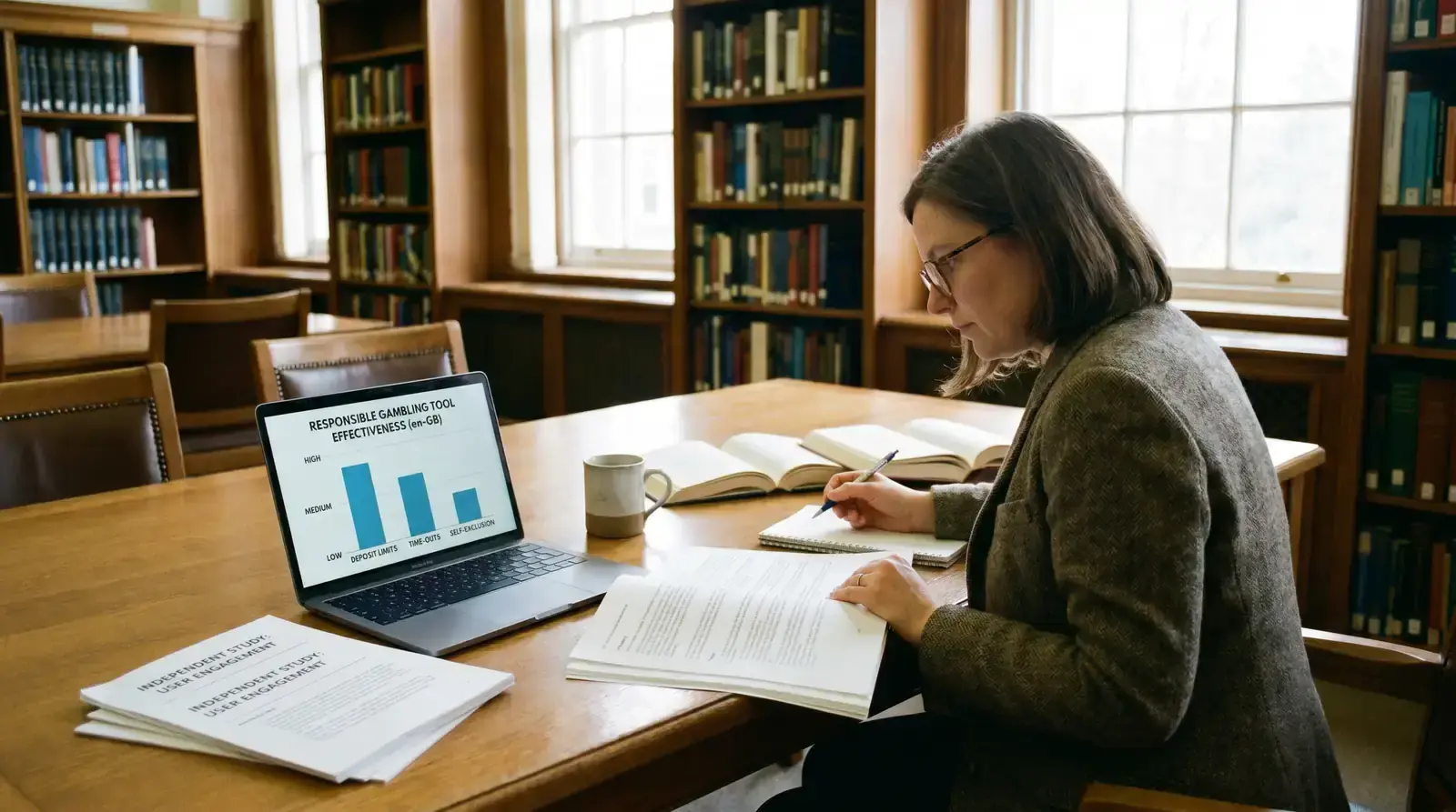 Researcher reviewing independent studies on responsible gambling tool effectiveness