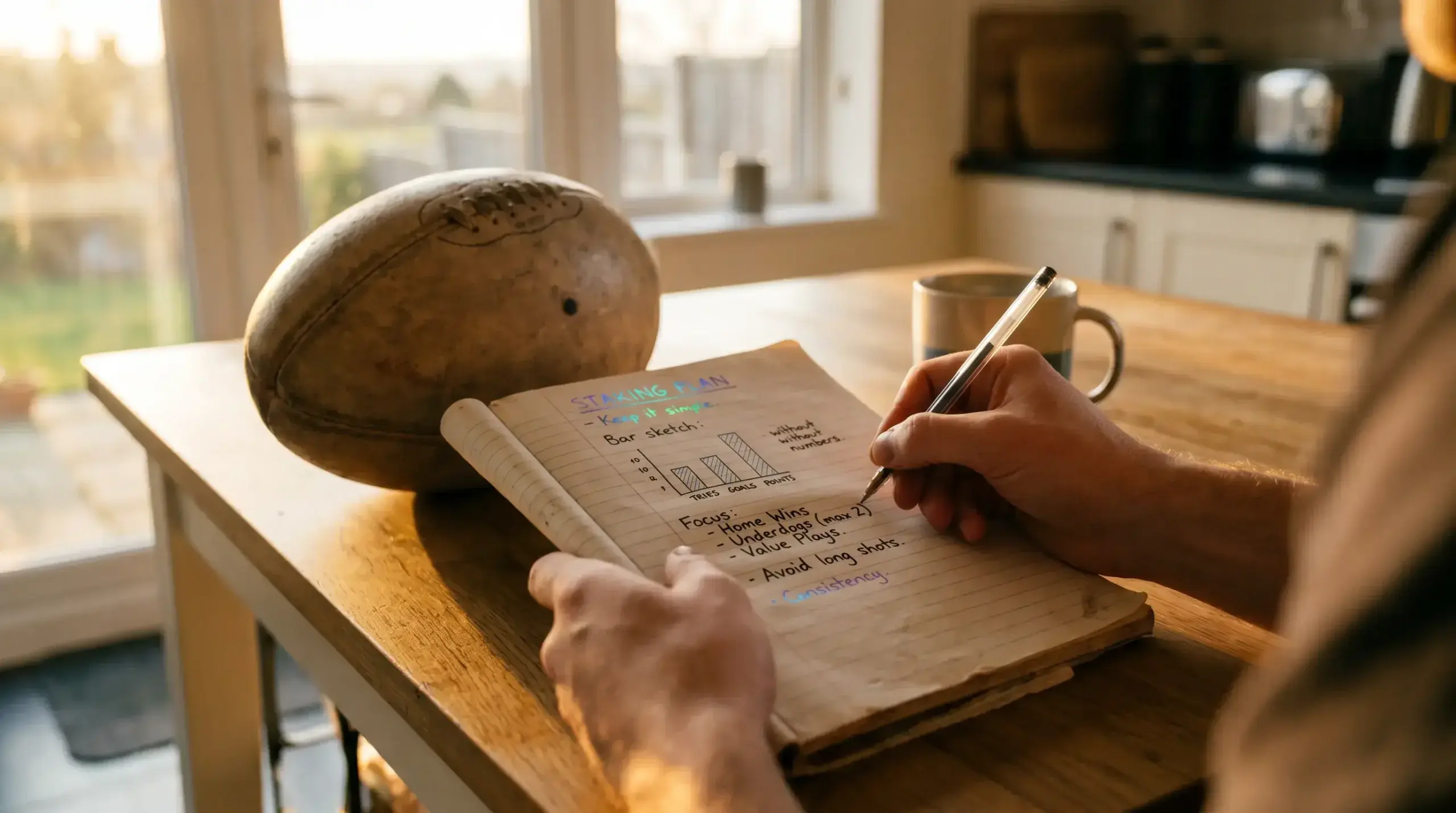 Punter noting a fixed-fraction staking plan for a rugby betting bankroll in a notebook