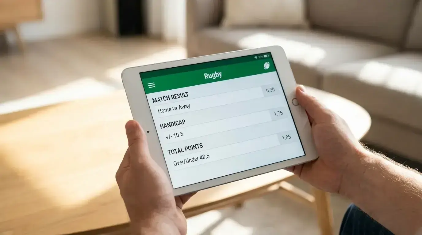 A betting interface listing rugby markets including handicap and total points for a match