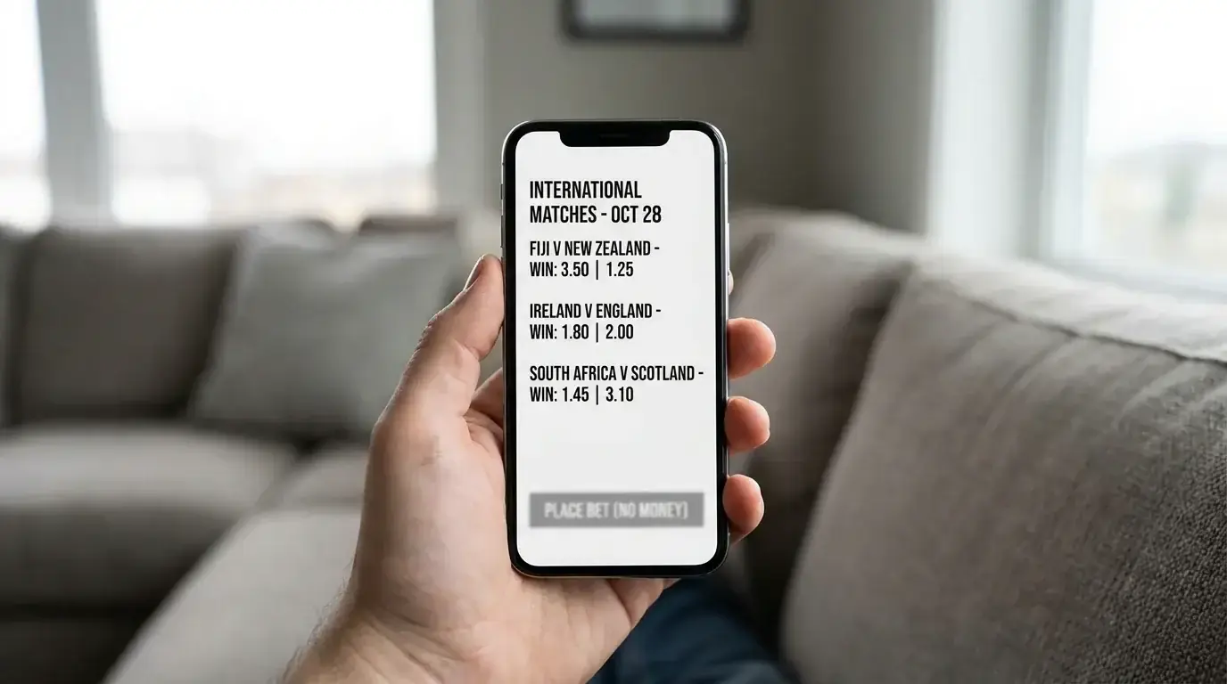 Punter comparing rugby union and league betting markets on a mobile sportsbook screen