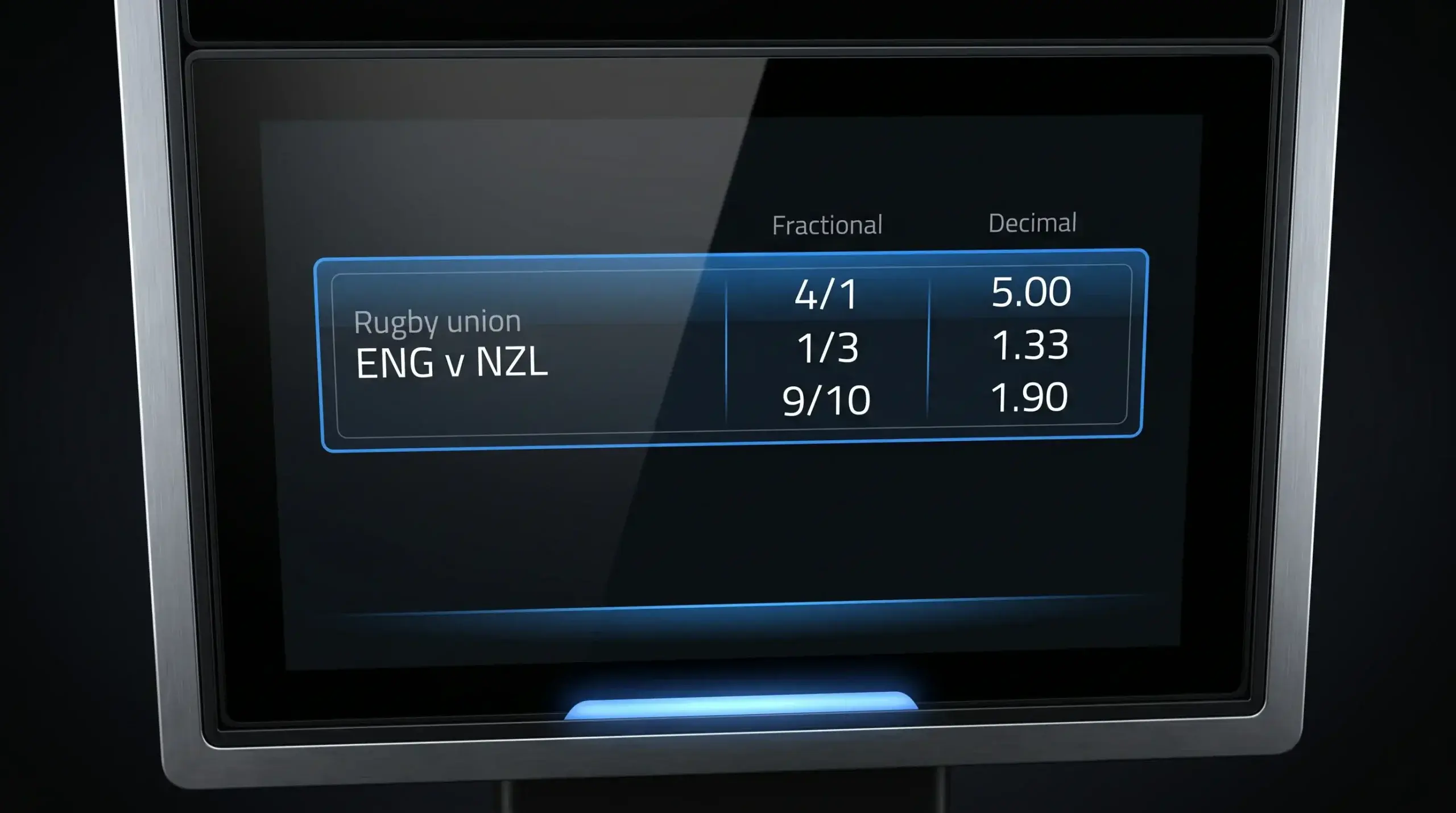 Rugby betting odds shown in fractional and decimal formats on a sportsbook screen