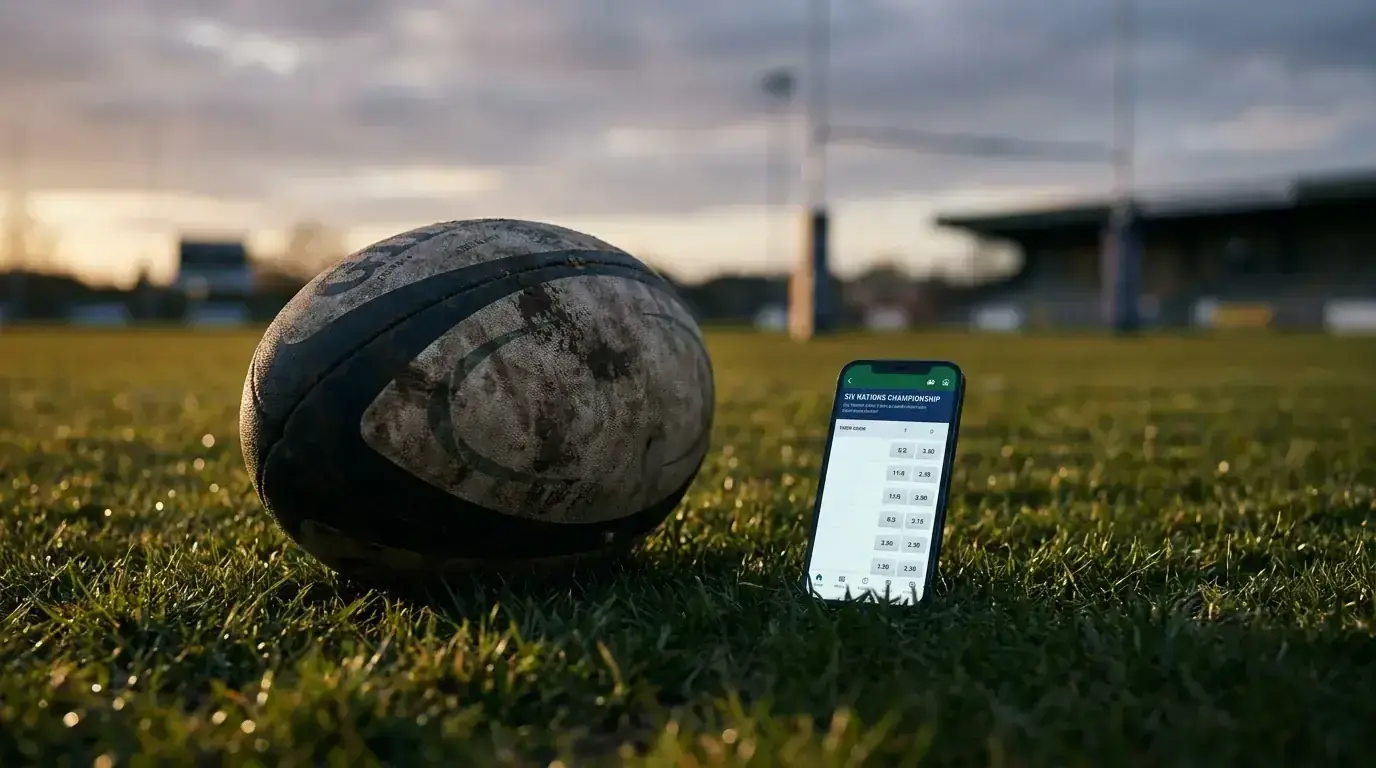 A rugby ball resting on turf beside a mobile betting interface showing fractional and decimal odds