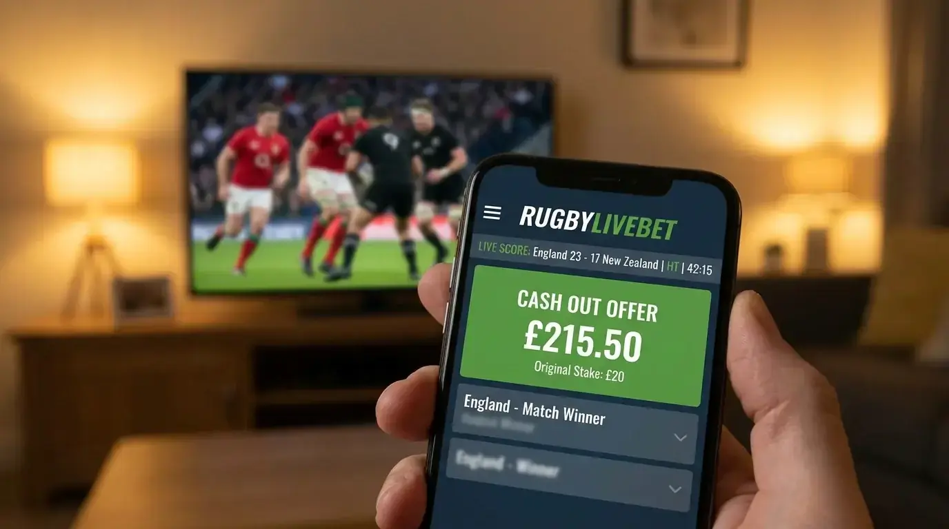 Cash-out offer appearing on a leading live rugby bet during the second half