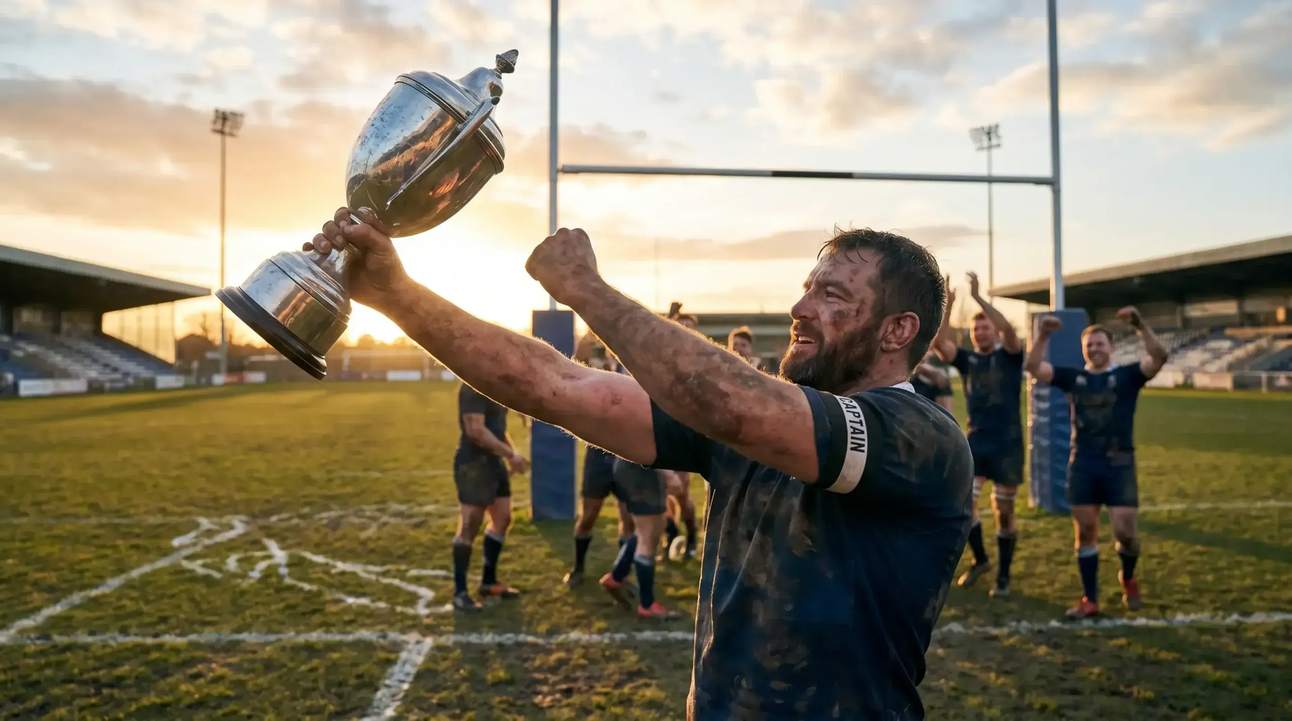 Rugby union captain lifting a championship trophy at the end of a long season