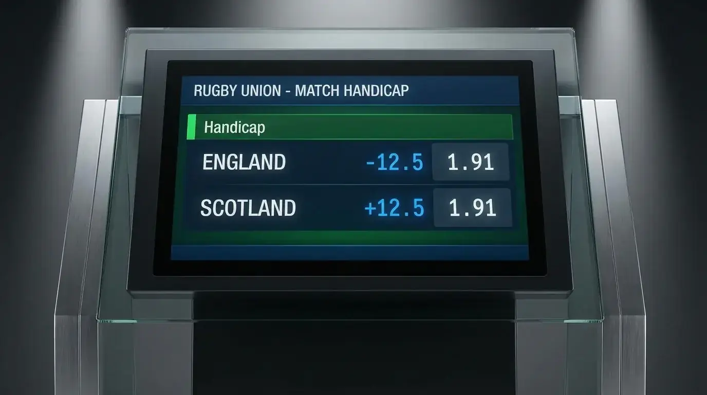 Rugby handicap line with two teams and a points spread on a betting display