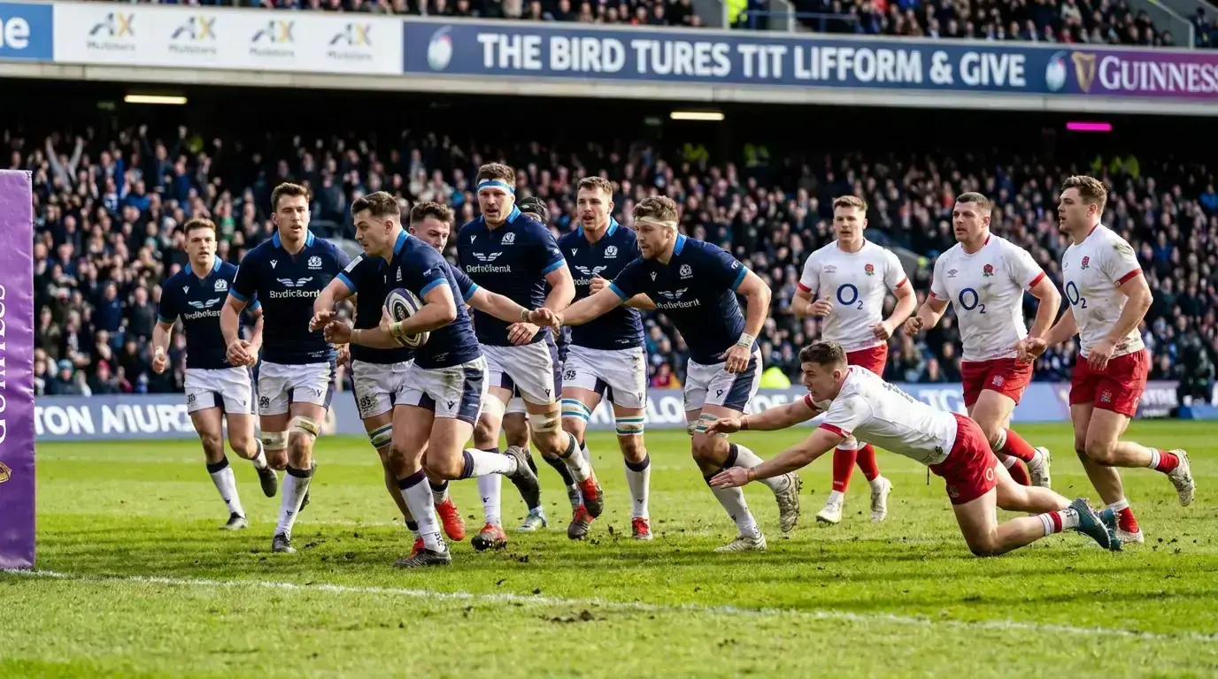 A rugby match in progress with a clear scoring margin between two sides on the pitch