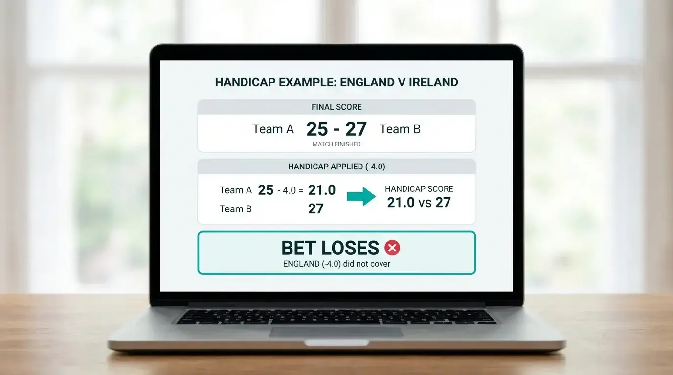 Worked rugby handicap example showing how a final score settles against the line