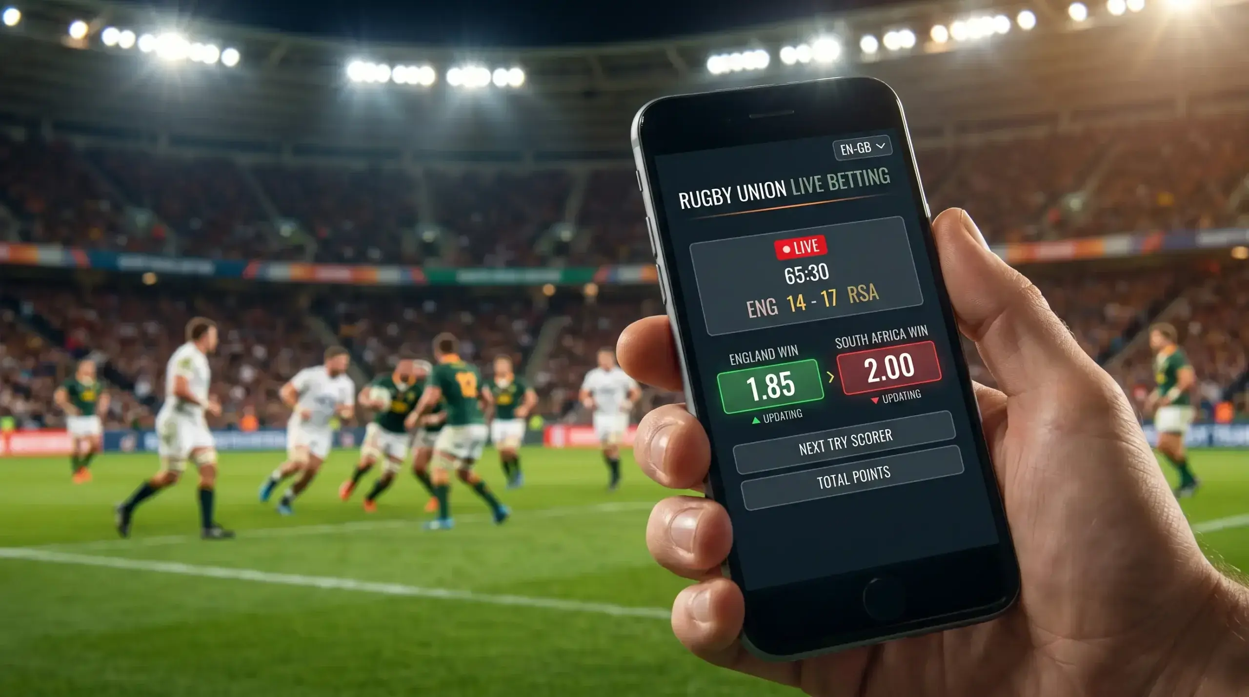 Live rugby match in play with shifting in-play betting odds on a mobile screen