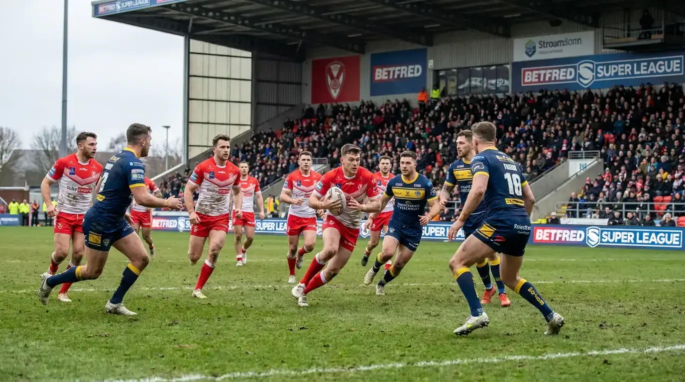 Rugby league attacking line running into contact during a structured six-tackle set