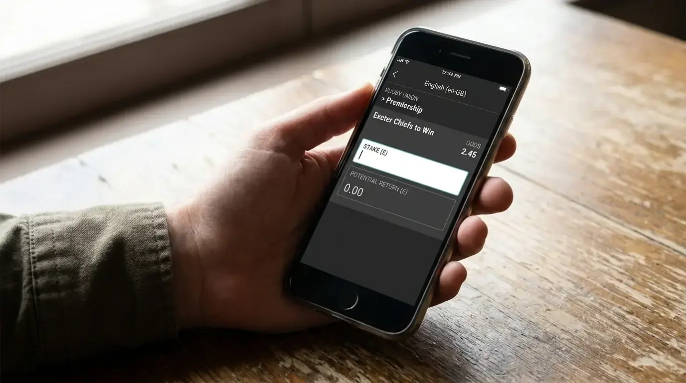 Rugby bet slip showing a single selection, stake box and potential return