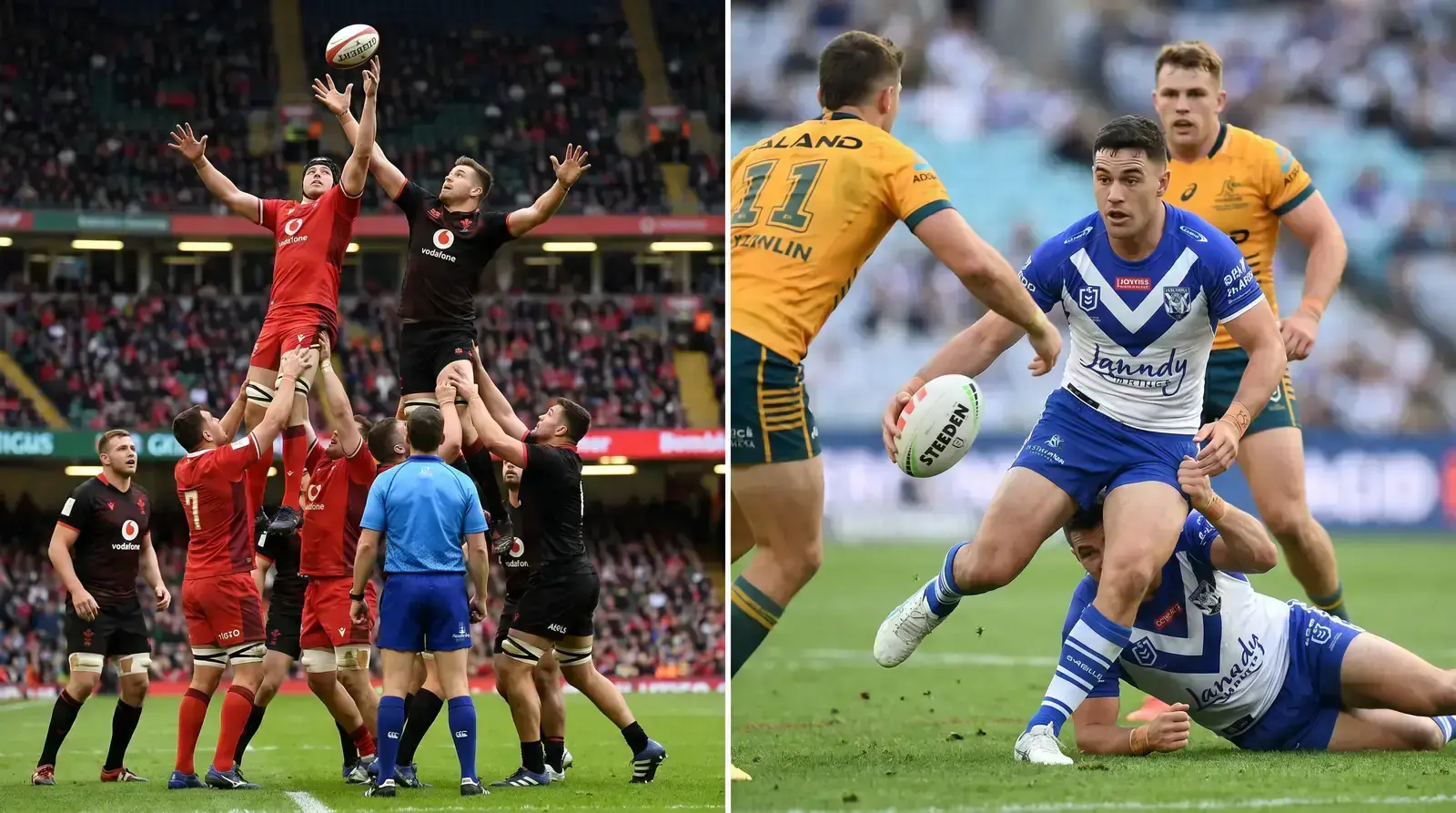 A rugby union lineout contest beside a rugby league play-the-ball, showing the two codes