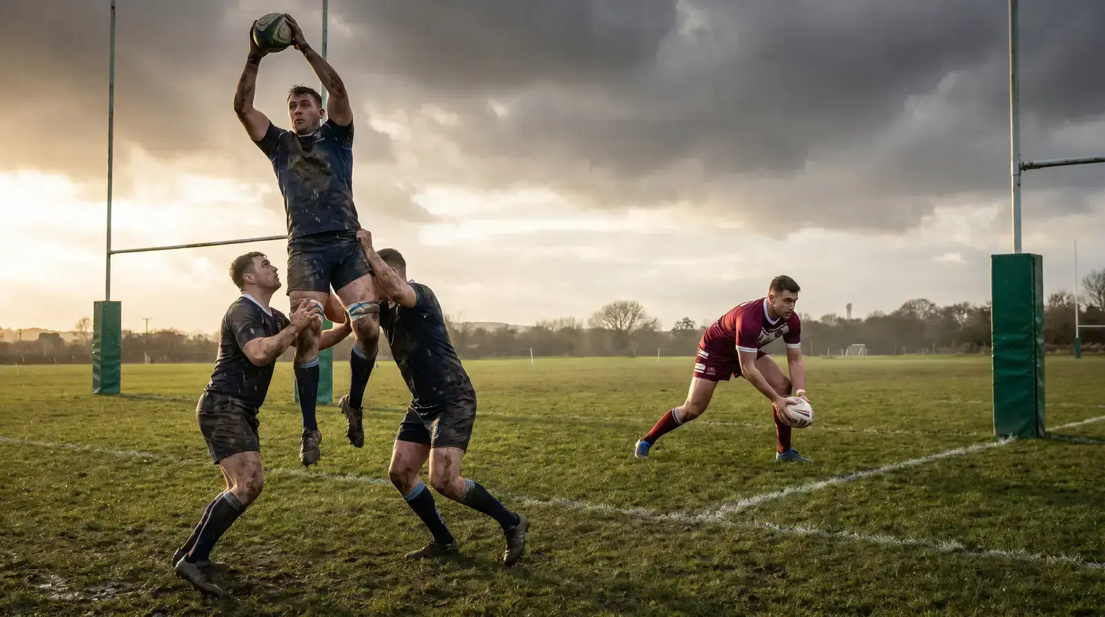 Rugby union forward lineout jump contrasted with a rugby league player executing a play-the-ball