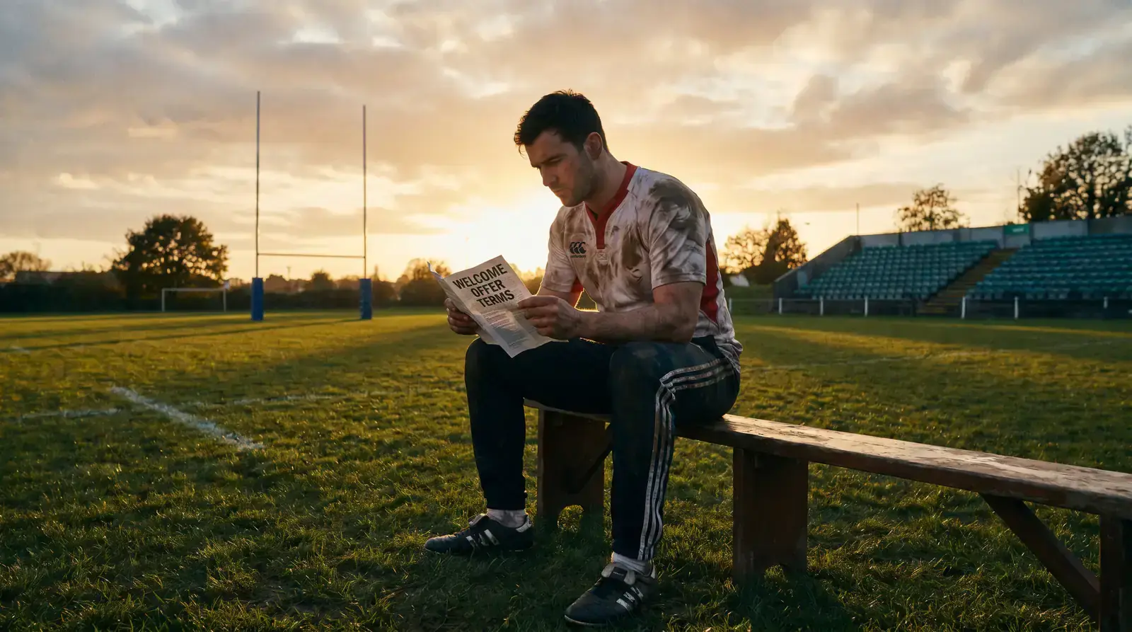 Rugby bettor carefully reading the terms of a sportsbook welcome offer