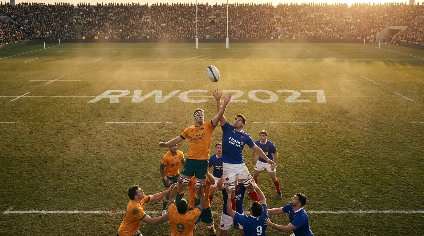 Rugby World Cup 2027 union international in Australia with both teams contesting a kick-off
