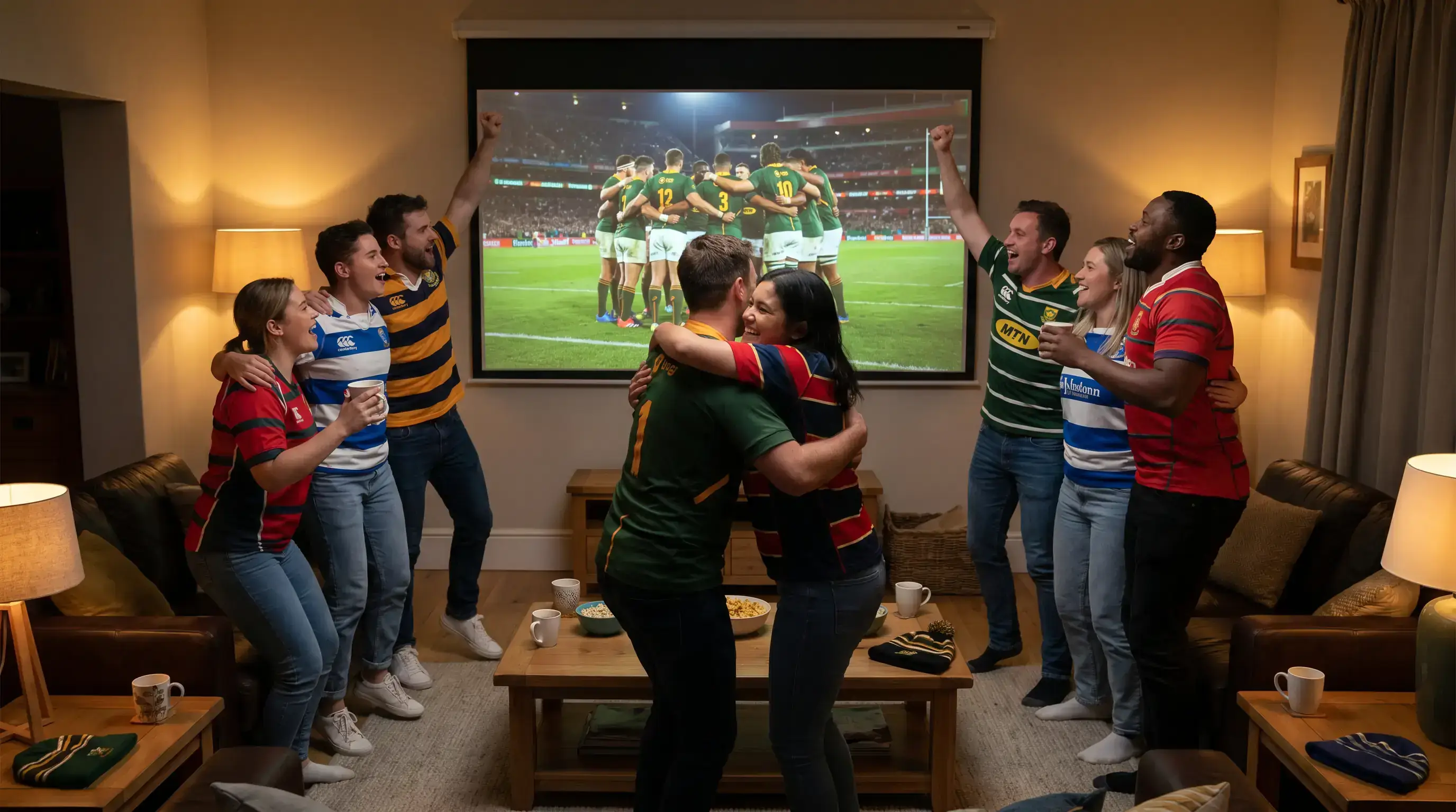 Rugby supporters watching a Rugby World Cup match together on a large screen