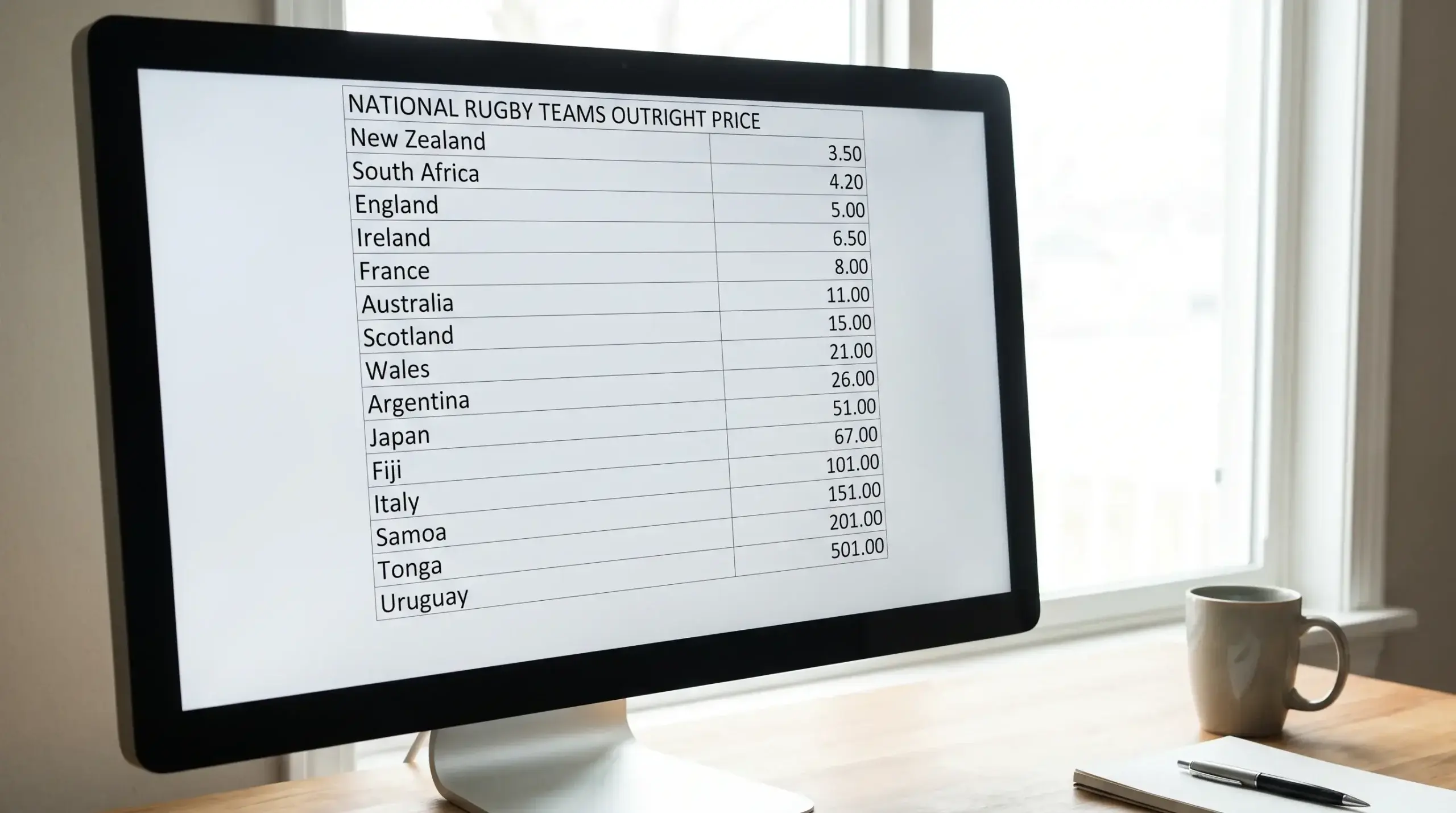 Outright futures prices for the Rugby World Cup winner listed on a betting display