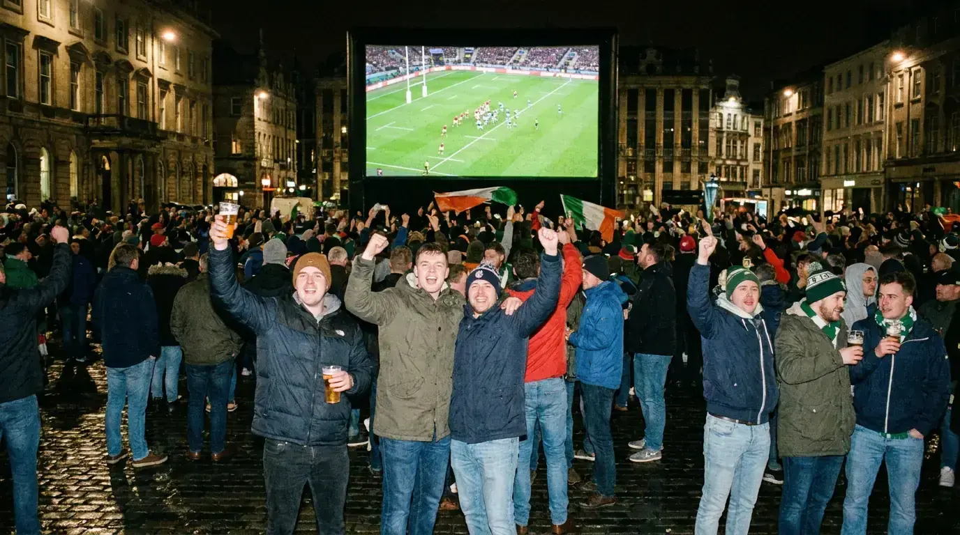 Rugby fans watching a Rugby World Cup match on a large outdoor screen
