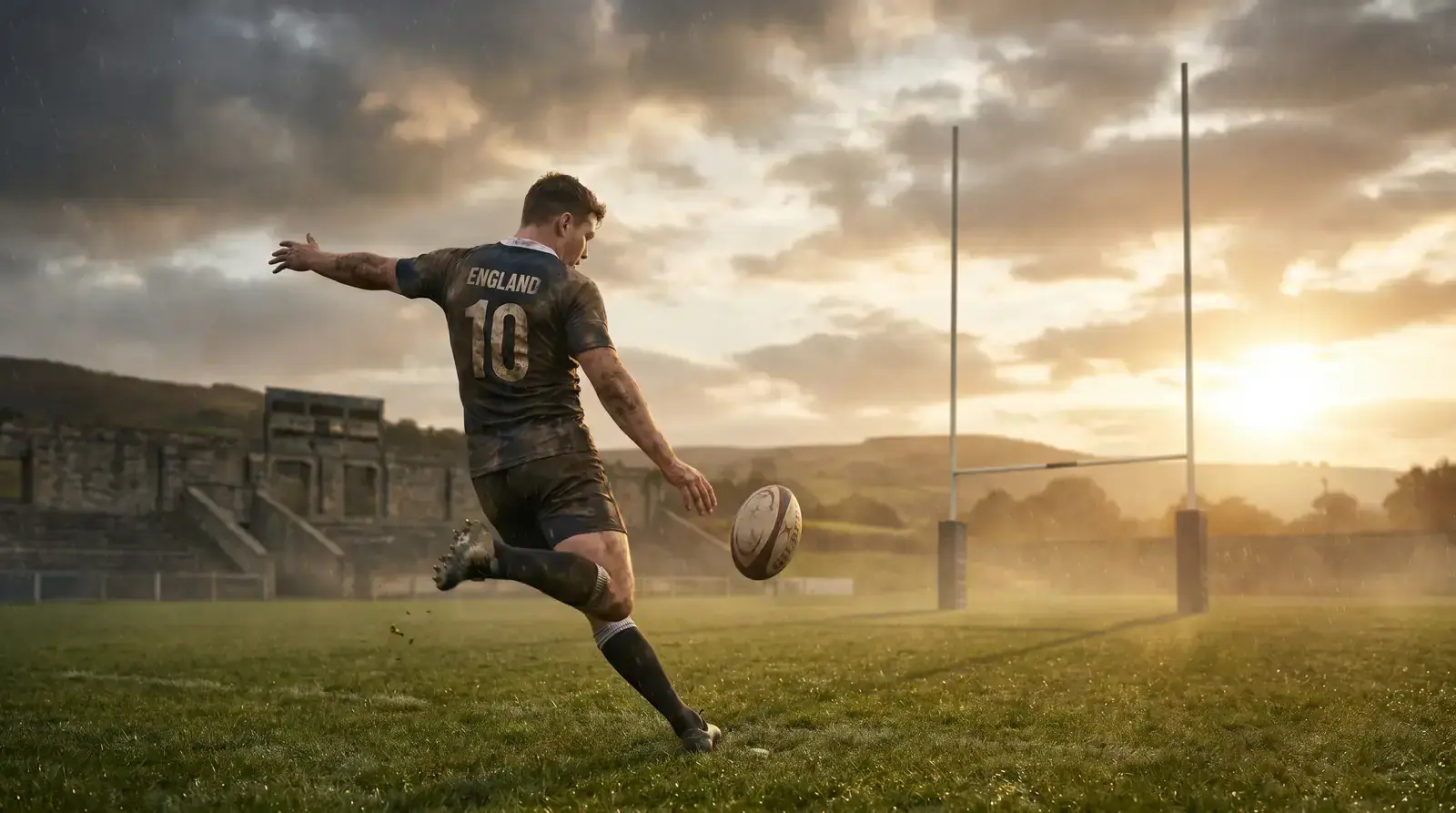 Rugby kicker striking a penalty at goal, one of the scoring methods bettors price
