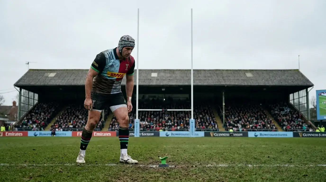 Rugby goal kicker preparing a penalty that shifts the method market