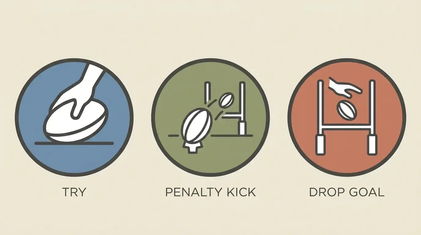 The three scoring methods of try, penalty and drop goal shown simply