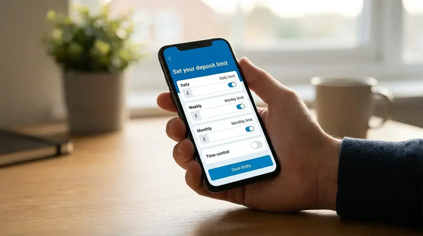 Person setting a deposit limit and time control on a UK rugby betting account