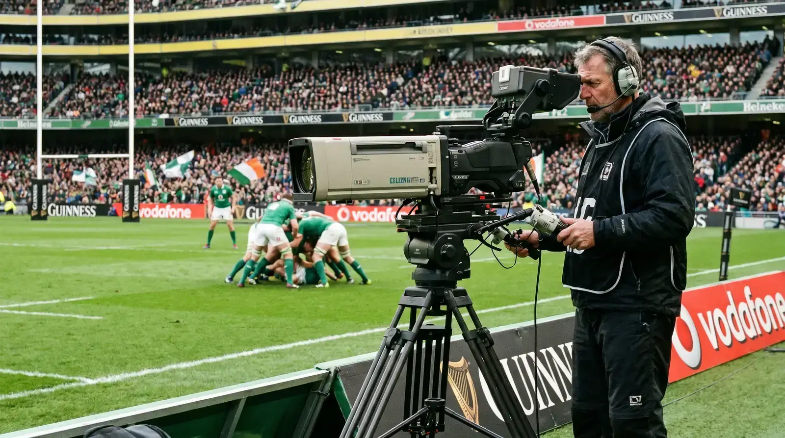Television broadcast camera filming a Six Nations rugby union match for UK viewers
