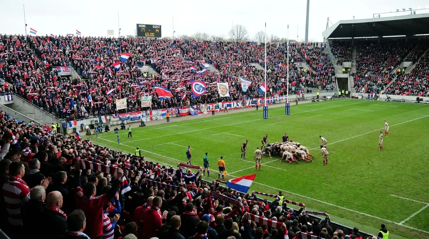 A packed rugby stadium during a Six Nations match with supporters filling the stands
