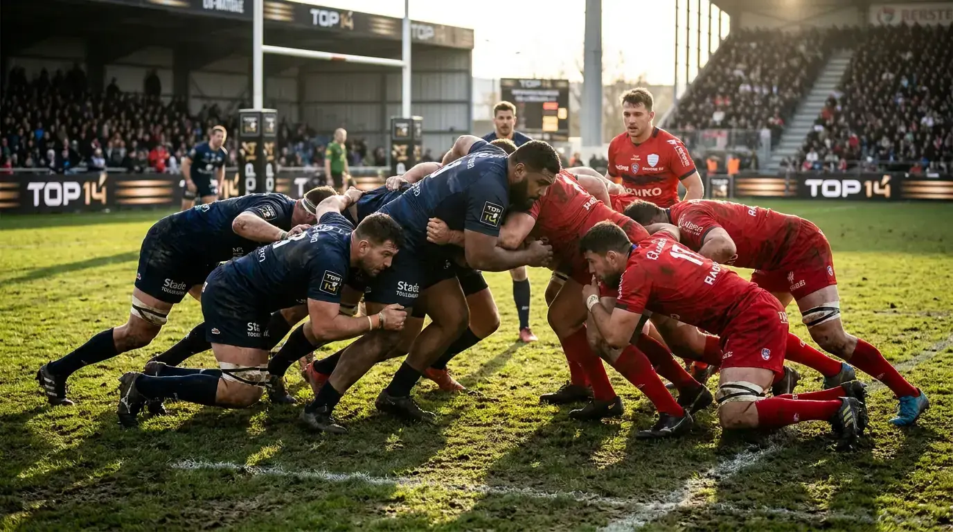 Top 14 French club rugby union match with forwards driving in a powerful scrum