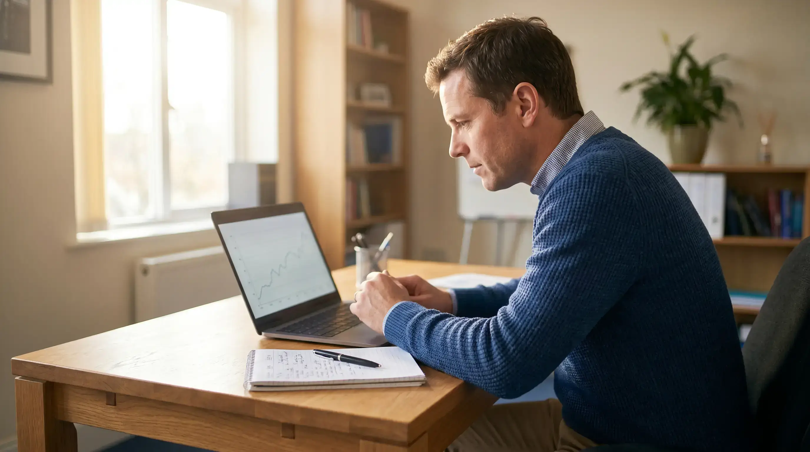 An analyst reviewing UK rugby betting market figures on a laptop at a desk