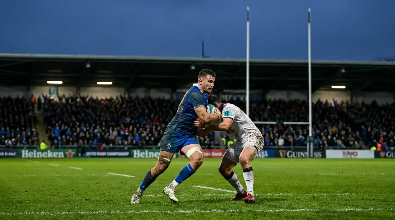 United Rugby Championship union match between cross-border club sides under floodlights