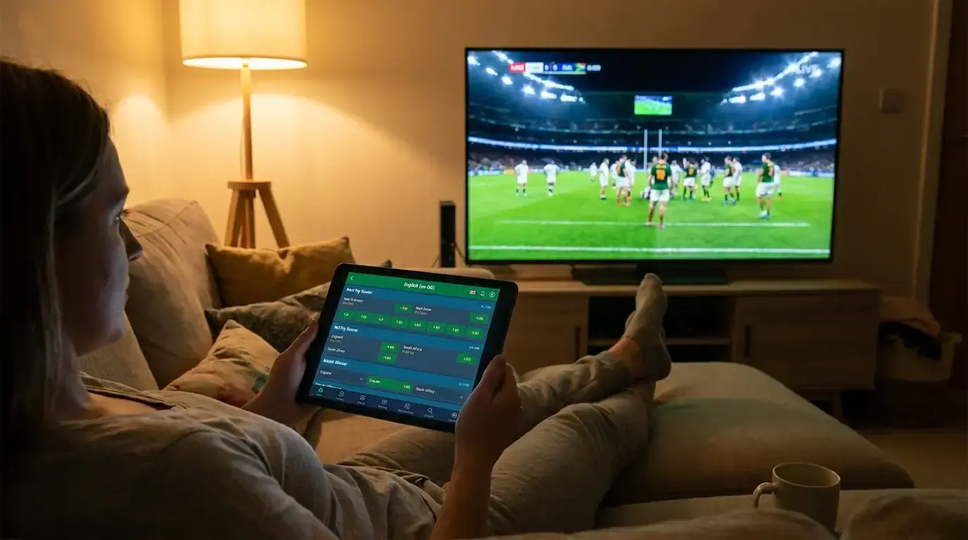 Bettor watching a live rugby stream on a tablet while following in-play markets